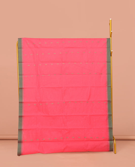 Pink Kanchi Cotton Saree, Delicately Decked Up with Buttas on Its Body, Complemented by Contrast Border, Sparsely Woven Pallu, and Paired with a Matching Blouse