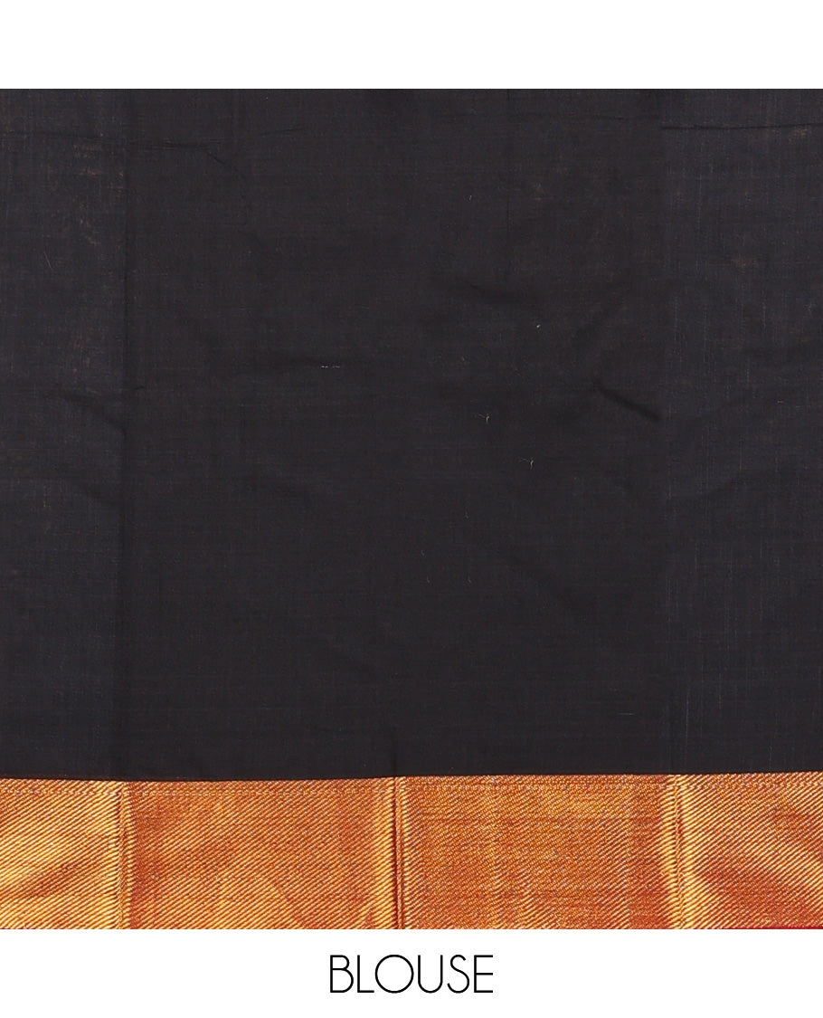 Black cotton half-saree, plain with contrast zari bordered skirt, matching blouse, and contrast zari border dhavani