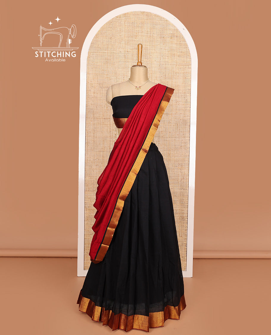 Black cotton half-saree, plain with contrast zari bordered skirt, matching blouse, and contrast zari border dhavani