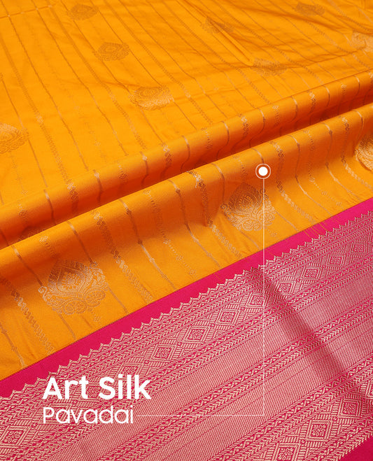 Mango yellow art silk pavadai set, zari design with contrast traditional zari bordered skirt and a contrast zari design blouse