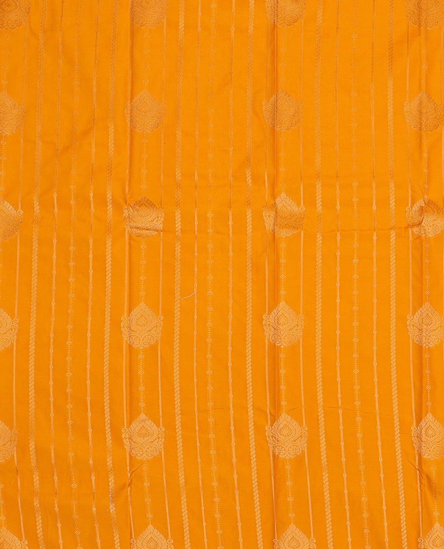 Mango yellow art silk pavadai set, zari design with contrast traditional zari bordered skirt and a contrast zari design blouse