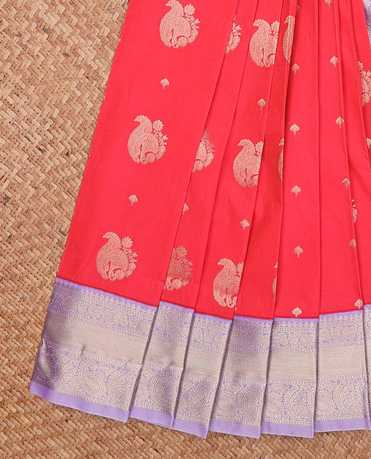 Pink zari buttas gift saree, contrast traditional zari design border, and pallu of diamond, paisleys, and ogee patterns