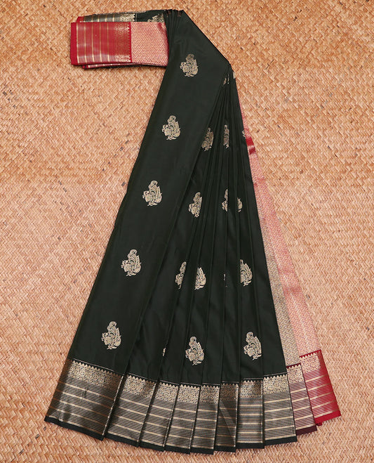 Green Budget Silk Saree Majestically Detailed with Zari Buttas, Subtly Sparked with Traditional Zari-Design Border, Captivated with Contrast Intricate Pallu, and Paired with a Contrast Blouse