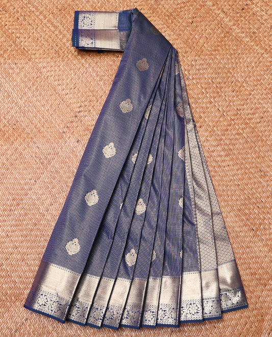 Blue Budget Silk Saree, Embellished with Zari Buttas on Its Body, Highlighted by Traditional Zari Border of Floral Creeper Designs, Pallu of Jaal Designs, and Paired with a Matching Blouse
