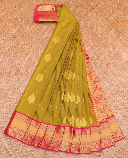 Green Budget Silk Saree, Prettified with Zari Buttas All Over Its Body, Complemented by a Contrast Traditional Zari Border of Peacock Designs, Intricately Designed Pallu, and Paired with a Contrast Blouse