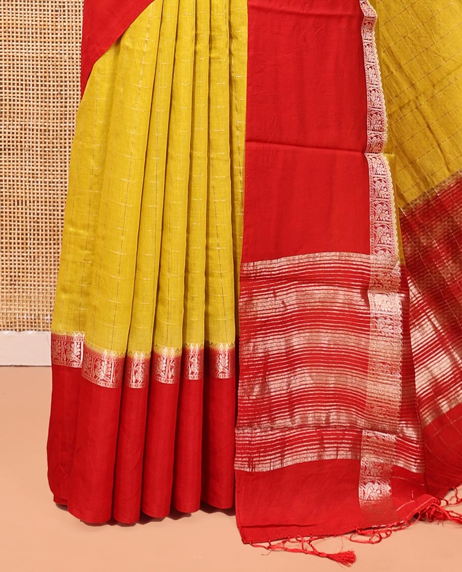 Yellow Assam Silk Saree, Sparsely Woven with Checks, Complemented by a Contrast Bird Motifs Zari Border, Zari-Striped Pallu, and a Contrast Blouse