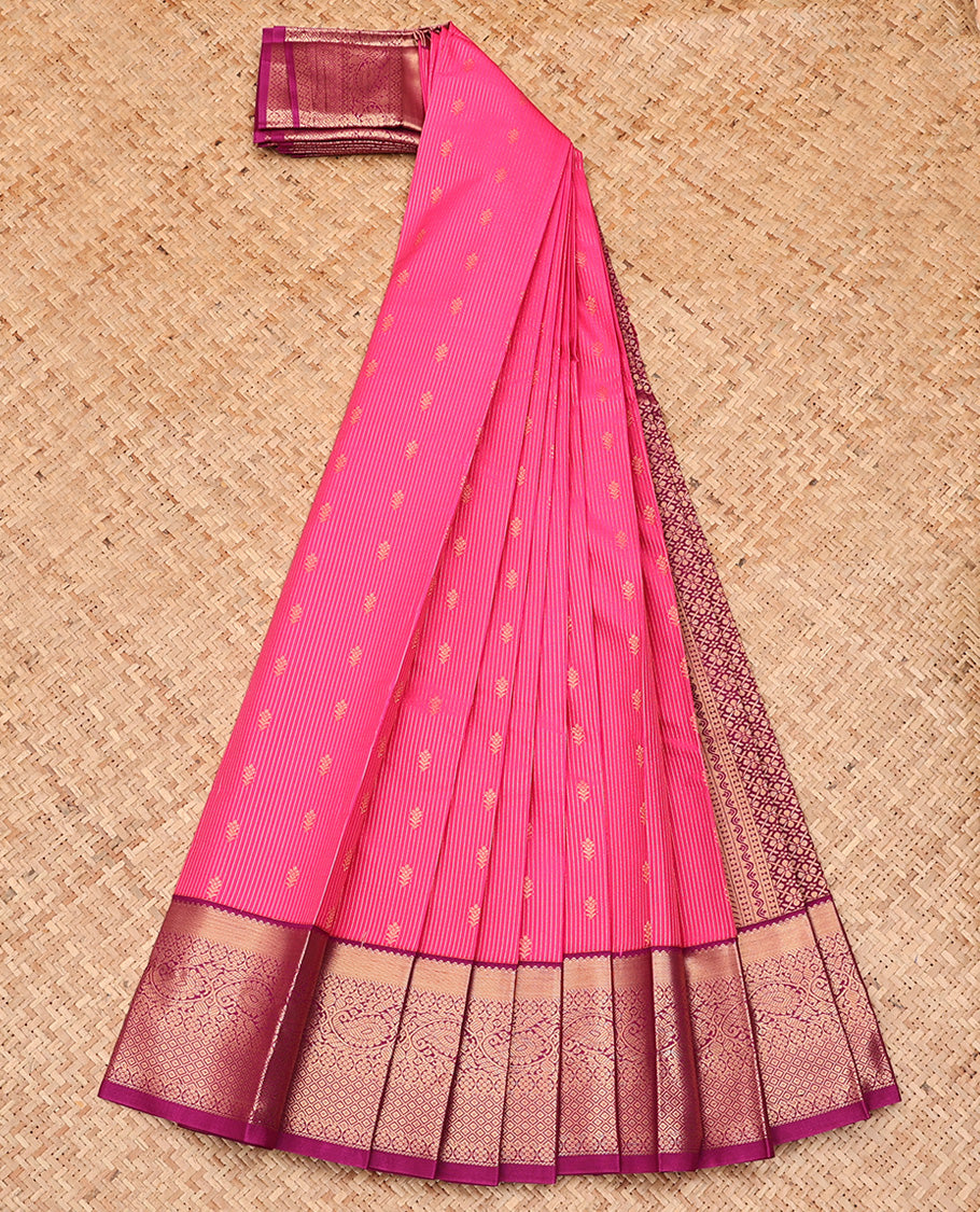Pink Budget Silk Saree, Steeped with Buttas and Stripes All Over Its Body, Complemented by Contrast Traditional Zari Designs Woven Border, Grand Jaal Pallu and Paired with a Contrast Blouse