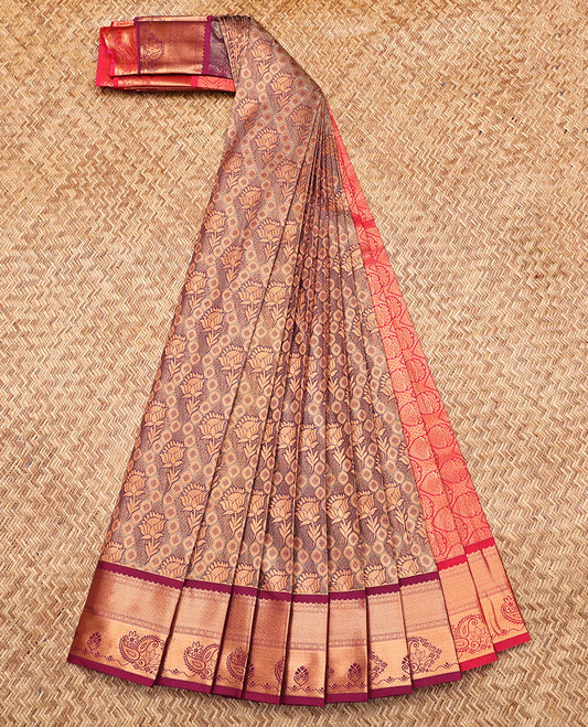Grey Budget Silk Saree, Enthralled with Jacquard, Complemented by Contrast Traditional Zari Border, Intricate Pallu, and a Contrast Blouse