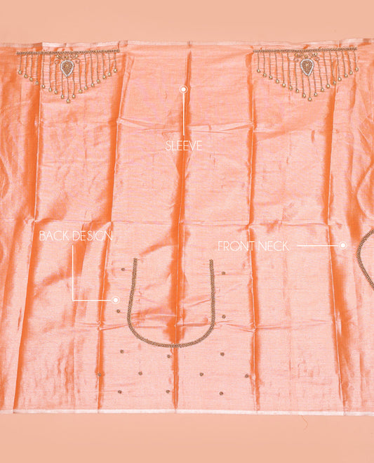 Peach Aari Blouse Material, Elevated with Drop Pattern Sugar Bead Embroidery on Its Sleeves, and Subtle Sugar Bead Work on Its Back and Front Neck
