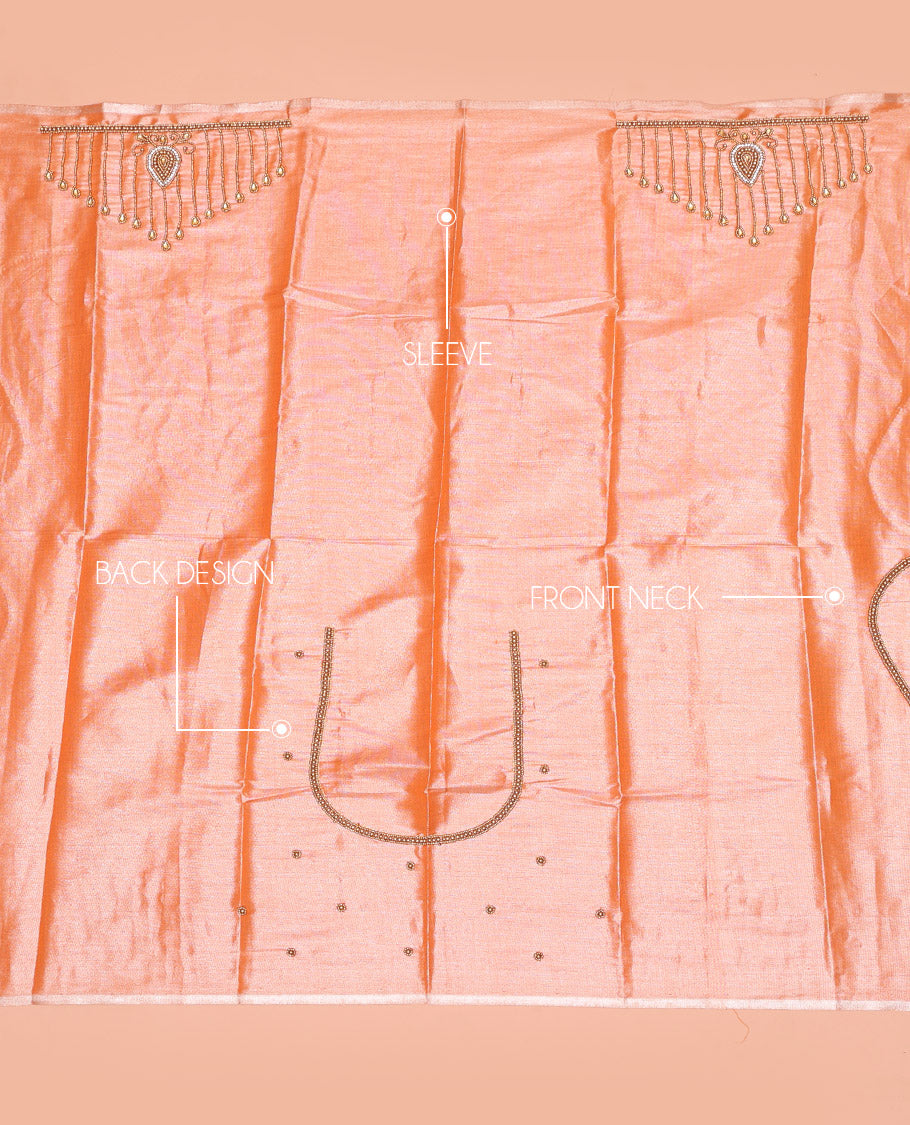 Peach Aari Blouse Material, Elevated with Drop Pattern Sugar Bead Embroidery on Its Sleeves, and Subtle Sugar Bead Work on Its Back and Front Neck