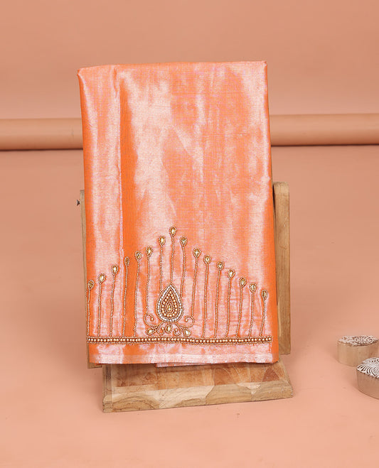 Peach Aari Blouse Material, Elevated with Drop Pattern Sugar Bead Embroidery on Its Sleeves, and Subtle Sugar Bead Work on Its Back and Front Neck