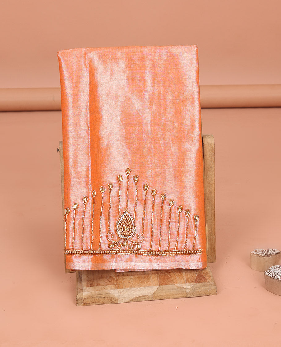 Peach Aari Blouse Material, Elevated with Drop Pattern Sugar Bead Embroidery on Its Sleeves, and Subtle Sugar Bead Work on Its Back and Front Neck