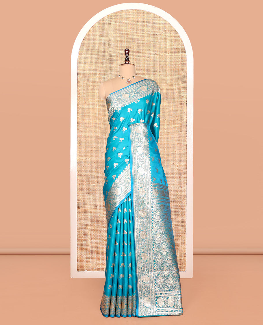 Blue Banarasi Nylon Saree, Detailed with Buttas, Floral Creeper Zari Border, Intricate Pallu, and a Matching Blouse