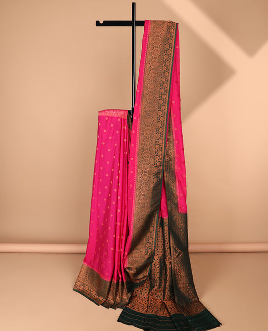 Pink Semi banaras chiffon saree with buttas, contrast traditional design border & floral design pallu