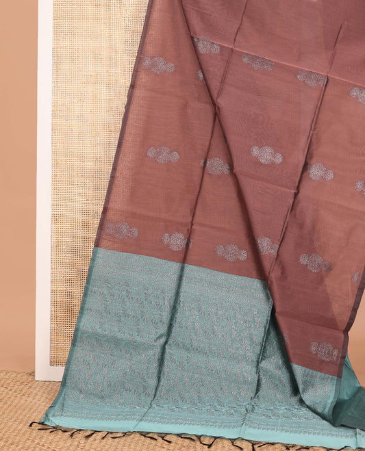 Borderless brown zari buttas semi-silk cotton saree, contrast zari floral woven pallu
