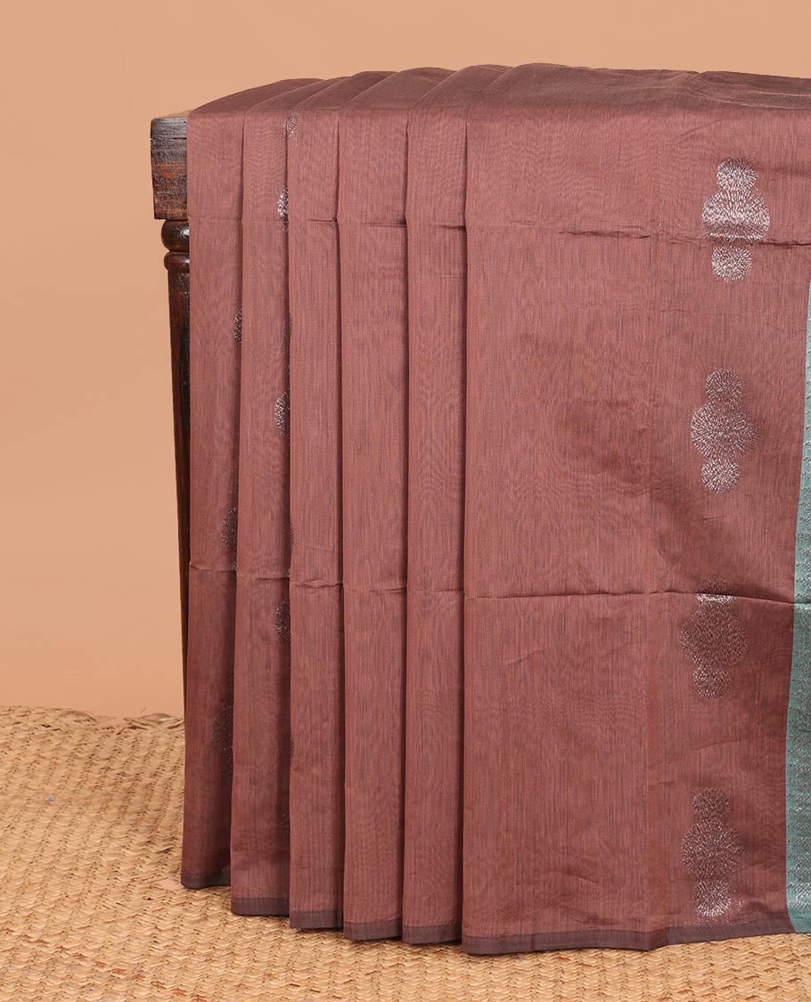 Borderless brown zari buttas semi-silk cotton saree, contrast zari floral woven pallu