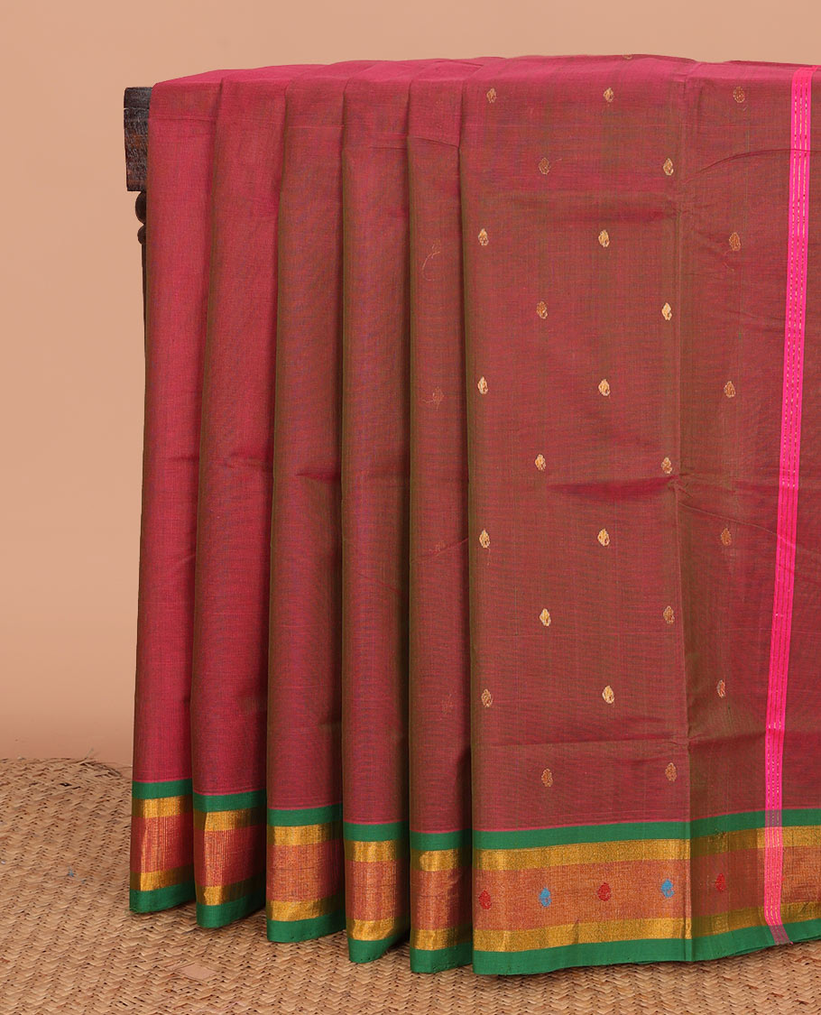 Red dual-tone zari buttas Venkatagiri cotton saree, contrast zari and thread border, and zari striped pallu