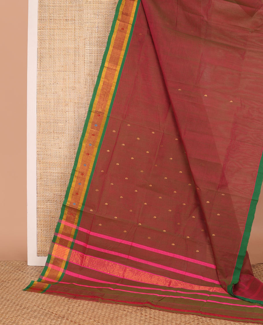 Red dual-tone zari buttas Venkatagiri cotton saree, contrast zari and thread border, and zari striped pallu