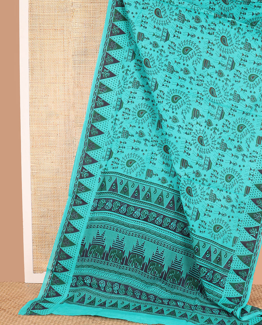 Blue Sungudi Cotton Saree Enlivened with Warli-Village Theme Motifs Prints, Subtly Printed Temple Motif Border, and Pallu Steeped with Floral and Geometric Designs