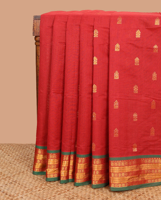 Red zari buttas Venkatagiri cotton saree with contrast traditional zari border, and pallu of zari designs
