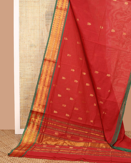 Red zari buttas Venkatagiri cotton saree with contrast traditional zari border, and pallu of zari designs
