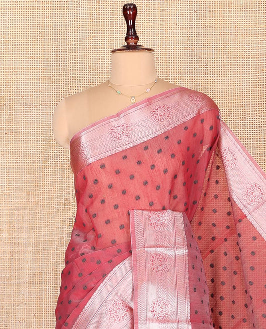 Pink Semi-Silk Cotton Saree, Sparsely Woven with Floral Buttas on Its Body, Highlighted by a Zari Traditional Border, Geometric Patterned Pallu, and Paired with a Matching Blouse