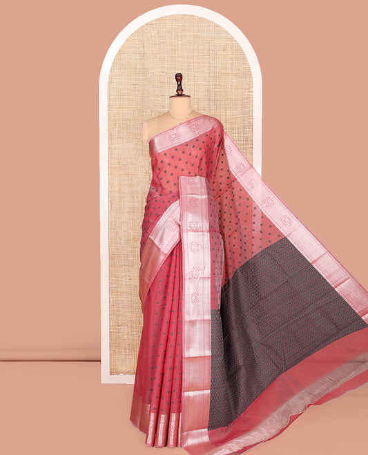 Pink Semi-Silk Cotton Saree, Sparsely Woven with Floral Buttas on Its Body, Highlighted by a Zari Traditional Border, Geometric Patterned Pallu, and Paired with a Matching Blouse