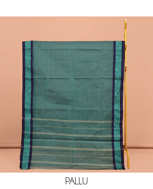 Blue Plain Bengal Cotton Saree, Complemented by a Contrast Floral Creeper Design Border, Pallu of Stripes, and Paired with a Matching Blouse
