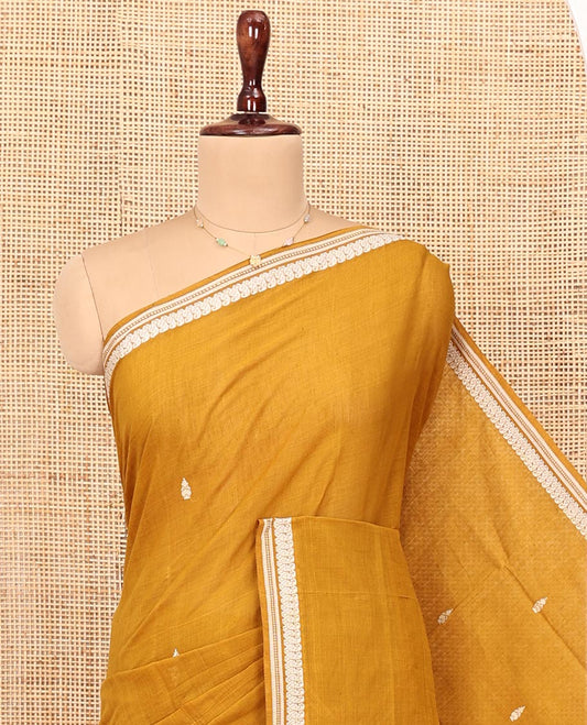 Mustrad Andhra Cotton Saree, Delicately Woven with Thread Buttas All Over Its Body, Subtly Sparked with a Paisley-Patterned Border, Pallu of Stripes and Buttas, and Paired with a Matching Blouse