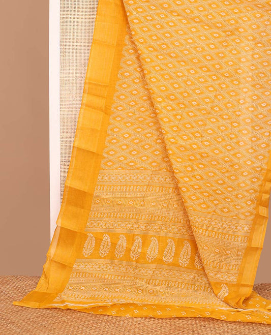 Orange argyle design budget cotton saree with self zari border & floral design pallu