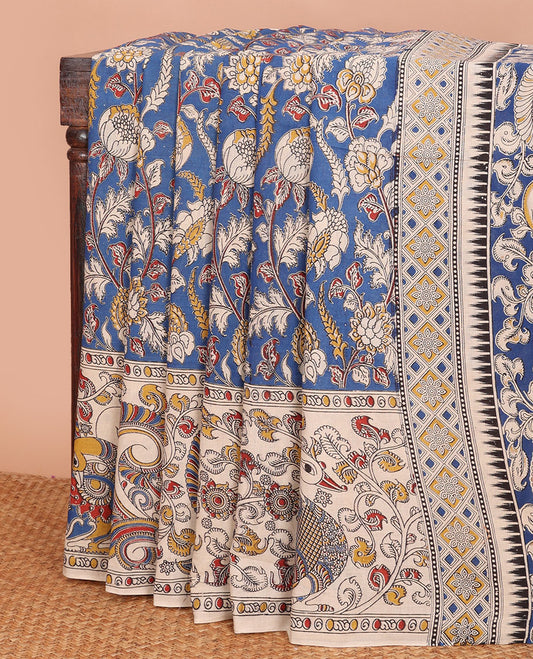 Blue floral vine machine-printed kalamkari cotton saree, contrast floral- peacock printed border & pallu of peacock-geometric print