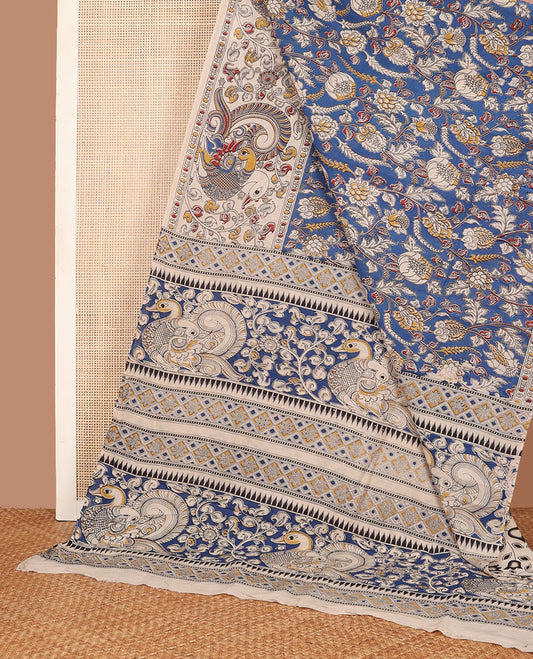 Blue floral vine machine-printed kalamkari cotton saree, contrast floral- peacock printed border & pallu of peacock-geometric print