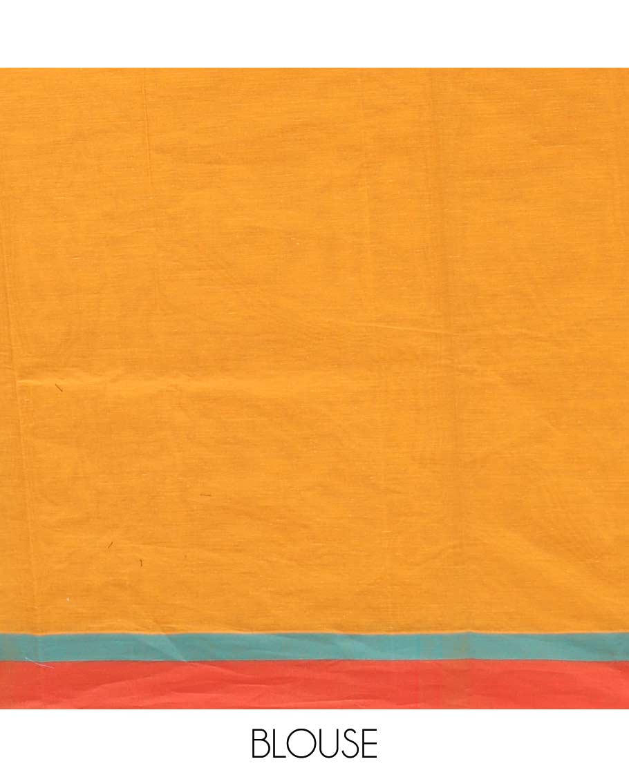 Orange geometric and animal motifs printed Coimbatore cotton saree, contrast border, and pallu of elephant, peacock and leaf motifs