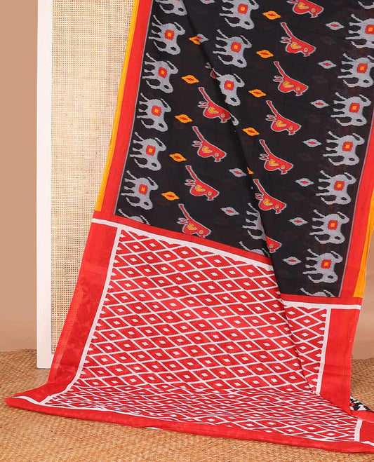 Black ikkat animal motifs printed mul mul cotton saree, contrast plain border, and pallu of jaal design