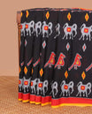 Black ikkat animal motifs printed mul mul cotton saree, contrast plain border, and pallu of jaal design
