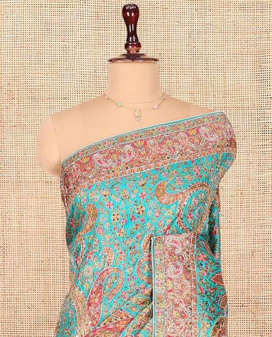 Blue Dola Silk Saree, Beautifully Bedecked with Colorful Floral-Paisley Design on Its Body, Complemented by Contrast Paisley Border, Pallu of Mughal-Style Design, and Paired with a Matching Blouse