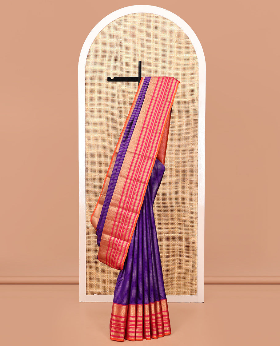 Violet-Pink Vasundhara Silk Saree Features Zari Stripes, a Contrast Border of Thilakam Mokku, Muthu, Mayil, Neli, and Cross Kamalam, Jaal Pallu, and a Contrast Blouse