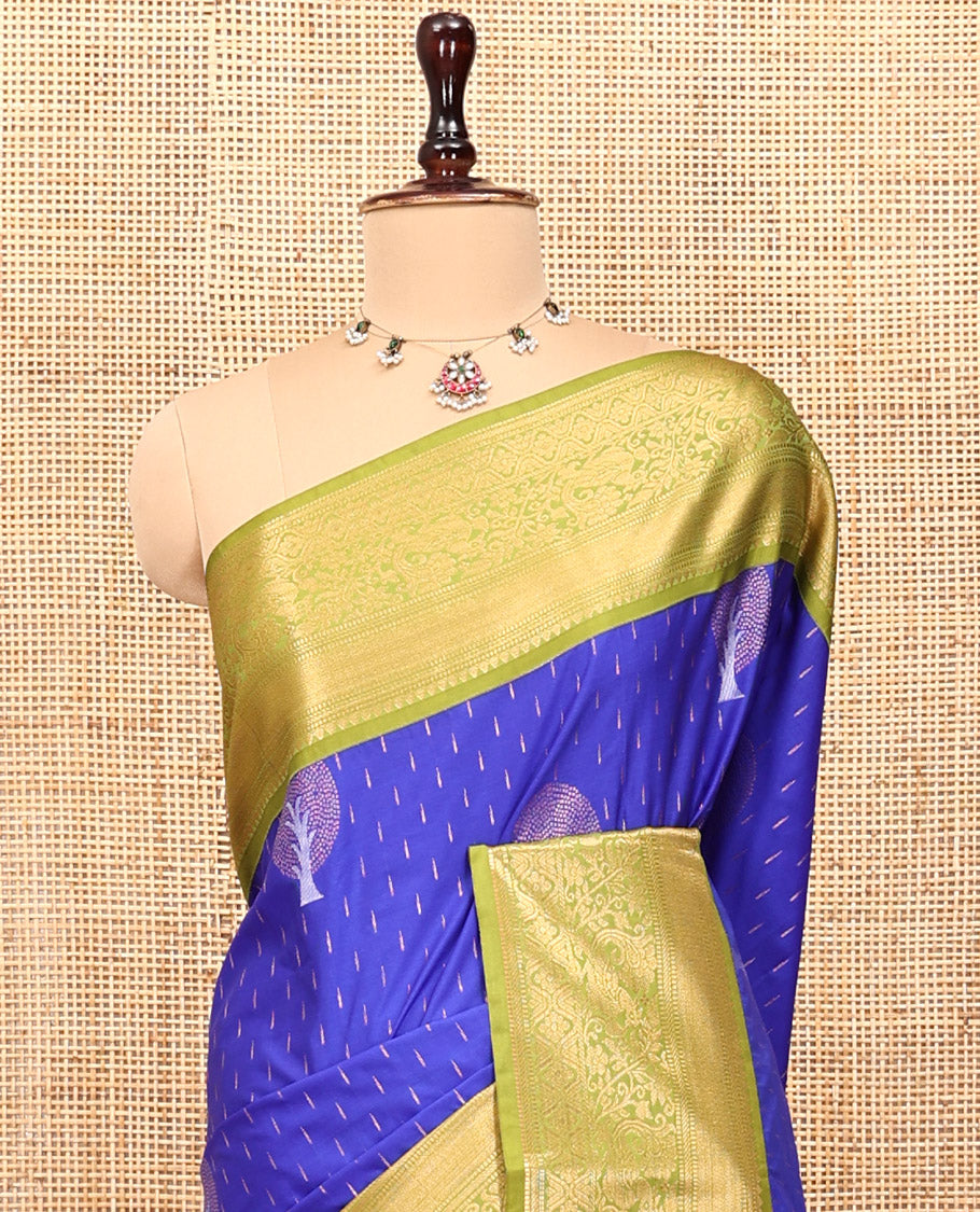M.s Blue-Green Budget Silk Saree, Boldly Accentuated with Zari Buttas, Complemented by a Contrast Traditional Zari Border, Grand Pallu, and a Contrast Blouse