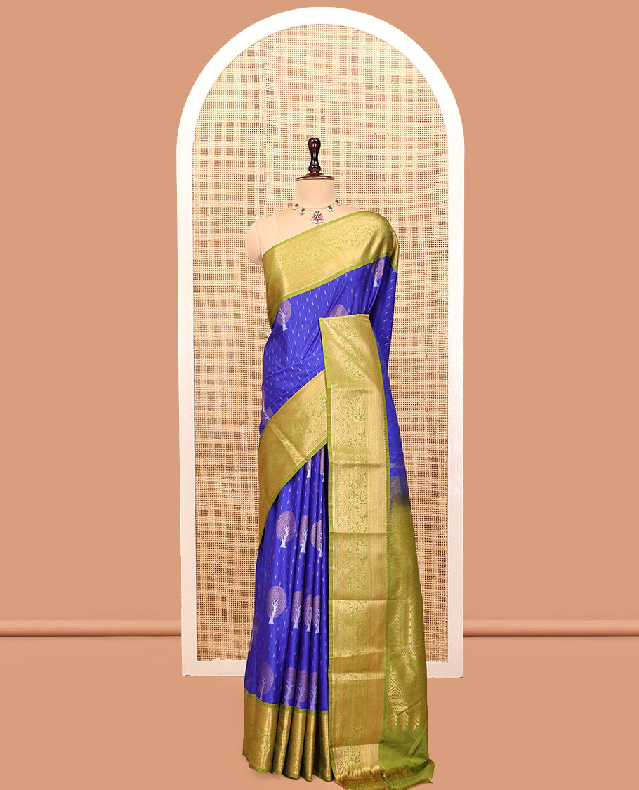 M.s Blue-Green Budget Silk Saree, Boldly Accentuated with Zari Buttas, Complemented by a Contrast Traditional Zari Border, Grand Pallu, and a Contrast Blouse