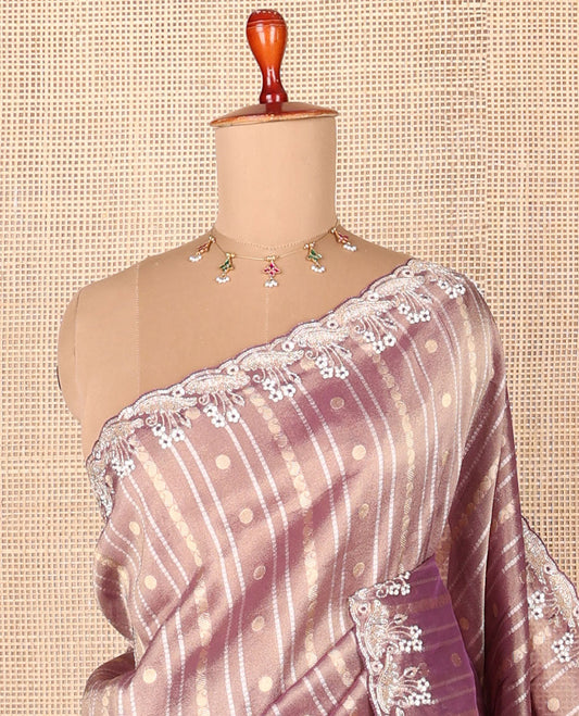 Purple zari design designer saree, scallop embroidery & zari border & contrast wine floral embroidered readymade blouse