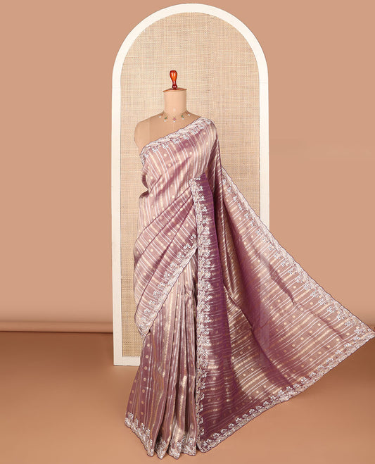 Purple zari design designer saree, scallop embroidery & zari border & contrast wine floral embroidered readymade blouse