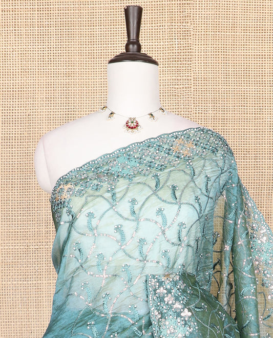 Blue floral jaal thread embroidered with stone work designer saree, scallop thread & stone embroidered border