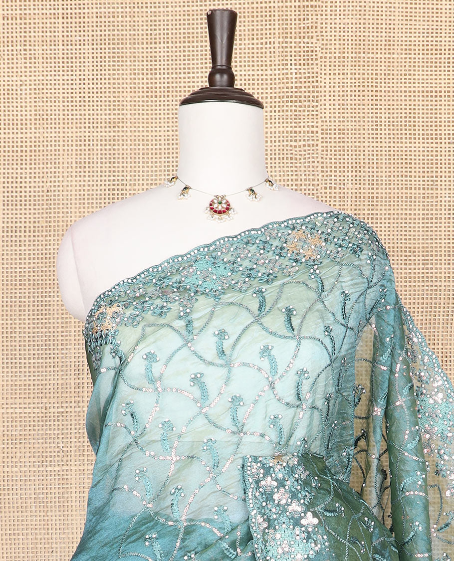 Blue floral jaal thread embroidered with stone work designer saree, scallop thread & stone embroidered border