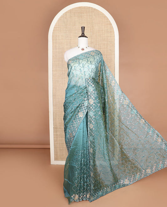 Blue floral jaal thread embroidered with stone work designer saree, scallop thread & stone embroidered border