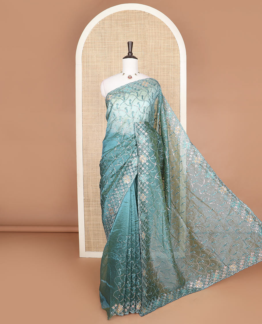 Blue floral jaal thread embroidered with stone work designer saree, scallop thread & stone embroidered border