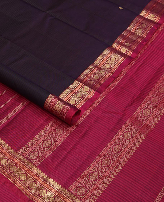 Dark blue striped with zari buttas Kanchipuram silk saree, contrast border of manga mokku,muthu,cross neli, and kamalam, and zari design pallu