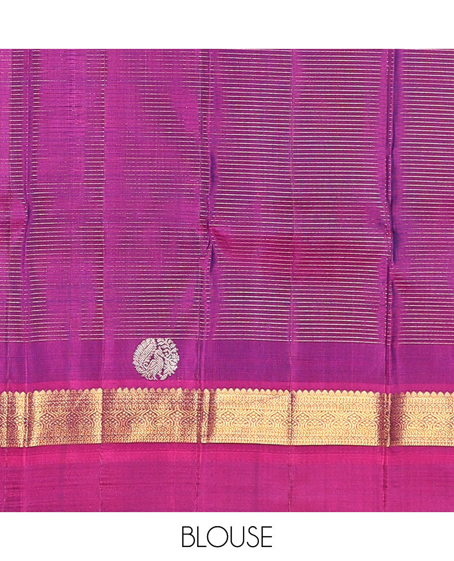 Blue checked Kanchipuram silk saree, contrast border of traditional motifs, and pallu of checked design