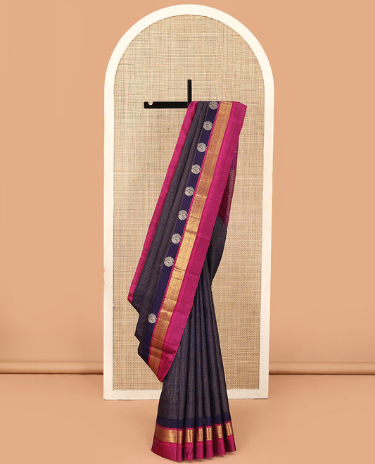 Blue checked Kanchipuram silk saree, contrast border of traditional motifs, and pallu of checked design