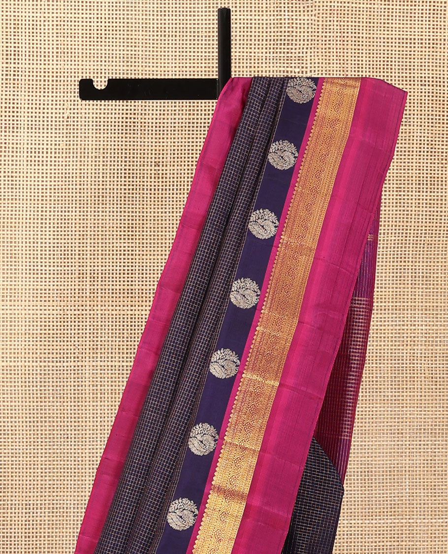 Blue checked Kanchipuram silk saree, contrast border of traditional motifs, and pallu of checked design