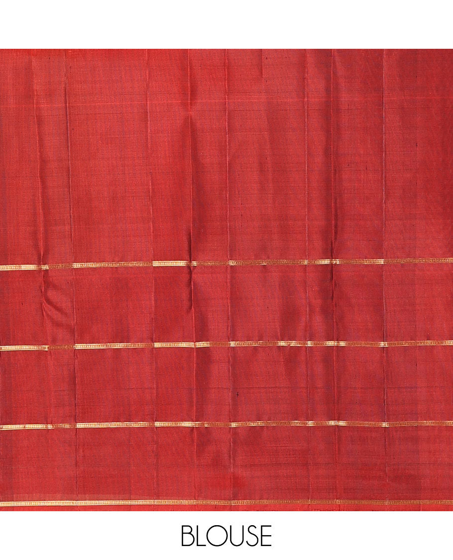 Red striped Kanchipuram silk saree, contrast rettai pettu border of rekku, muthu, and leaf creeper designs, and zari striped pallu